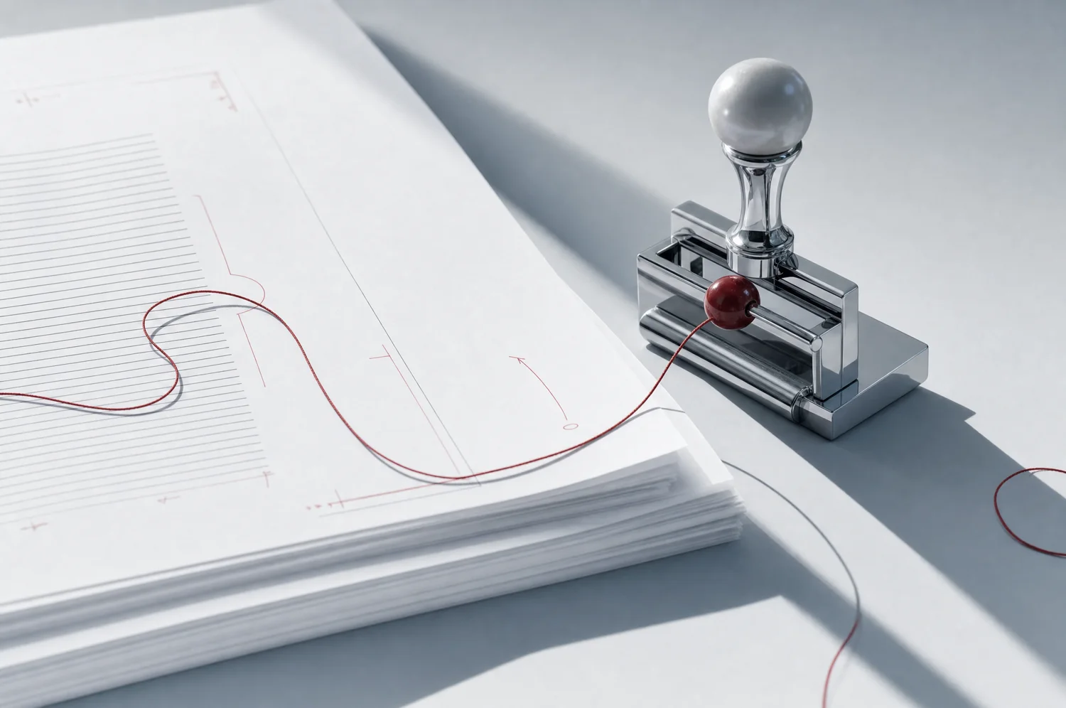 A pearl-chrome editorial press beside manuscript pages connected by crimson thread